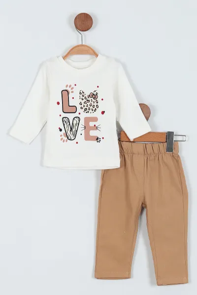 Krem (6-24 Ay) Yelekli Baskılı Kız Bebe Takım 230767