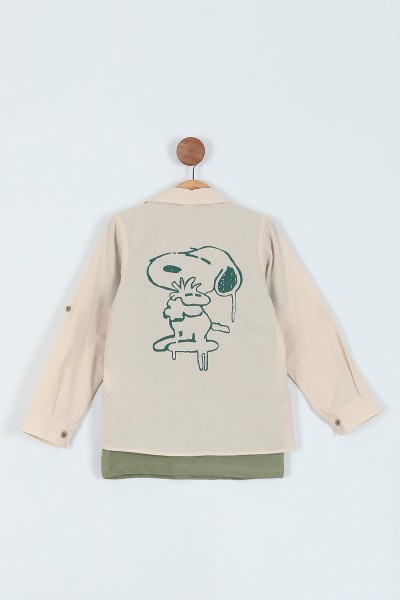 Krem (6-9 Yaş) Snoppy Baskılı Cepli Gömlek Tişört 2Lİ Erkek Çocuk Takım 217723