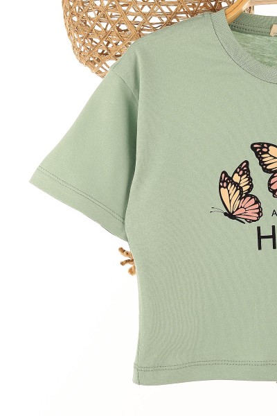 Krem (7-10 Yaş) Kelebek Hope Baskılı Bel Bağlamalı Kız Çocuk Takım 162376