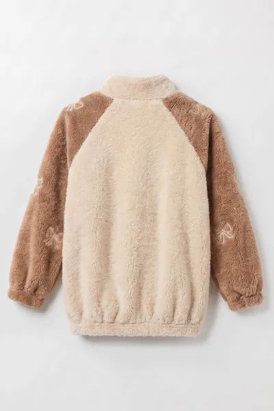 Krem  (7-12 Yaş) Kolu Garnili Fiyonk Nakışlı Kız Çocuk Peluş Hırka 488999