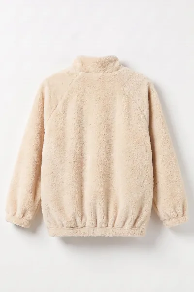 Krem (7-12 Yaş) Omuzu Şeritli Fiyonklu Kız Çocuk Peluş Hırka 489012