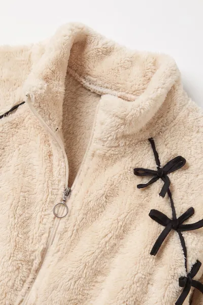Krem (7-12 Yaş) Omuzu Şeritli Fiyonklu Kız Çocuk Peluş Hırka 489012