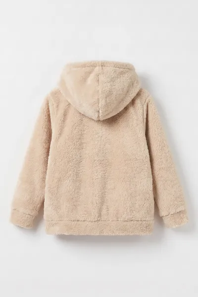 Krem (7-12 Yaş) Papatya Aksesuarlı Kapüşonlu    Kız Çocuk Peluş Hırka 489004