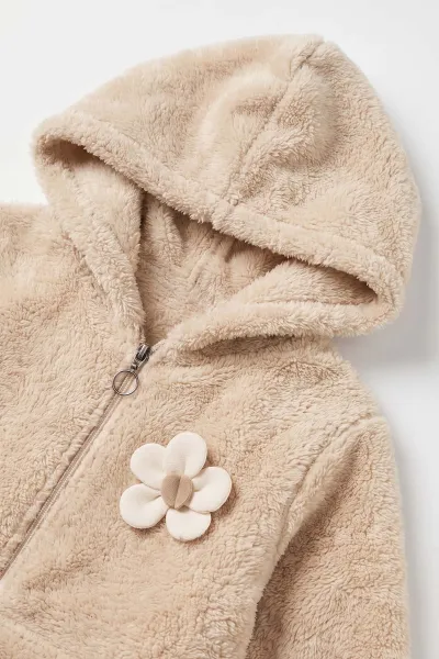 Krem (7-12 Yaş) Papatya Aksesuarlı Kapüşonlu    Kız Çocuk Peluş Hırka 489004