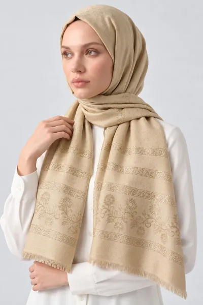 Krem 70x180 Cm Floral Premium Jakarlı Pamuk Şal 494060