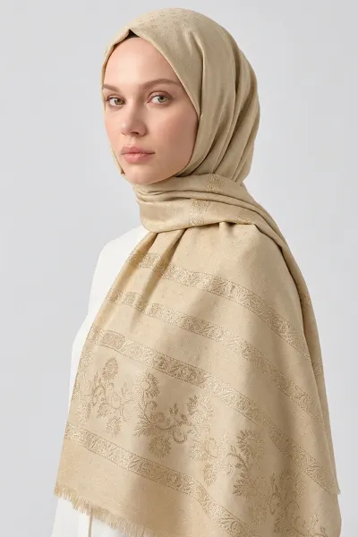 Krem 70x180 Cm Floral Premium Jakarlı Pamuk Şal 494060