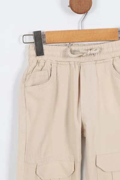 Krem (8-12 Yaş ) Kargo Cepli Paça Lastikli Erkek Çocuk Keten Pantolon 322649