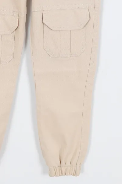 Krem (8-12 Yaş ) Kargo Cepli Paça Lastikli Erkek Çocuk Keten Pantolon 322649