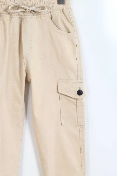 Krem (8-12 Yaş ) Kargo Cepli Paça Lastikli Erkek Çocuk Keten Pantolon 328572