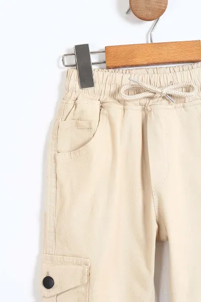 Krem (8-12 Yaş ) Kargo Cepli Paça Lastikli Erkek Çocuk Keten Pantolon 328572