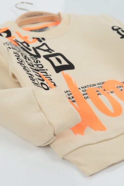 Krem (8-12 Yaş) Lvors Baskılı Üç İp Şardonlu Erkek Çocuk Sweat Polar 135189