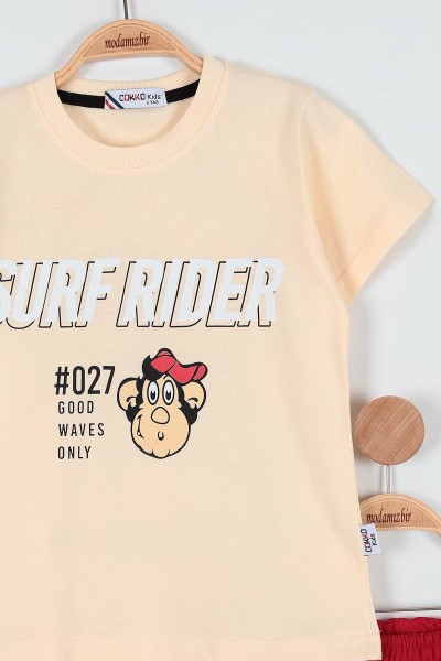 Krem (9-12 Yaş) Surf Rıder Baskılı Şortlu Erkek Çocuk Takım 186218