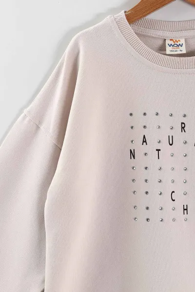 Krem (9-12 Yaş)Önü Taşlı Kız Çocuk Sweatshirt 432946