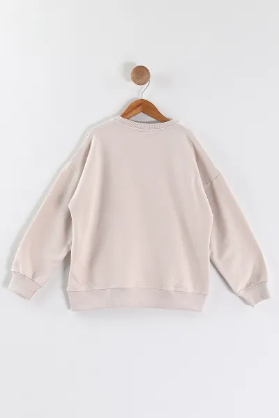 Krem (9-12 Yaş)Önü Taşlı Kız Çocuk Sweatshirt 432946
