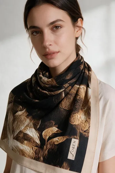 Krem 90x90 Cm Dijital Baskılı Velvet Bloom Desen Soft Eşarp 498527