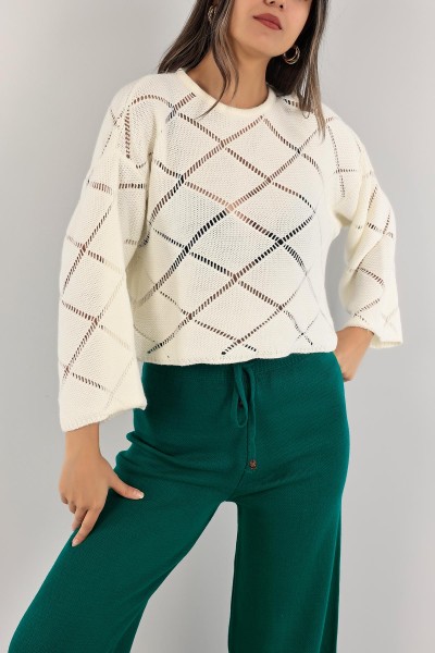 Krem Ajurlu Crop Triko Kazak 137477