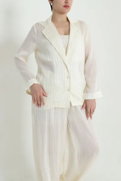 Krem Astarlı Çizgili Tencel Kadın Üçlü Takım 462736