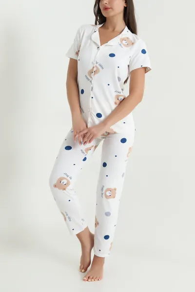 Krem Ayı Desenli Kadın Pijama Takımı 466611