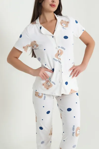 Krem Ayı Desenli Kadın Pijama Takımı 466611