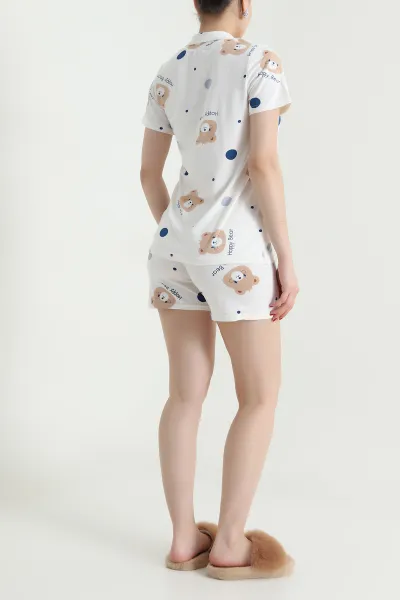 Krem Ayıcık Desenli Kadın Şortlu Pijama Takımı 466442