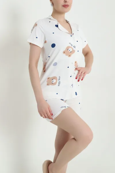Krem Ayıcık Desenli Kadın Şortlu Pijama Takımı 466442