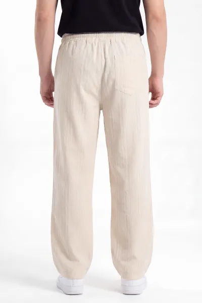 Krem Baggy Ham Keten Belden Bağlamalı Erkek Pantolon 459578