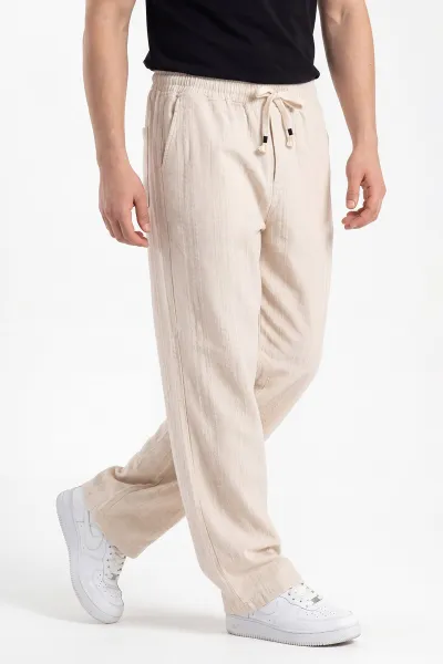 Krem Baggy Ham Keten Belden Bağlamalı Erkek Pantolon 459578