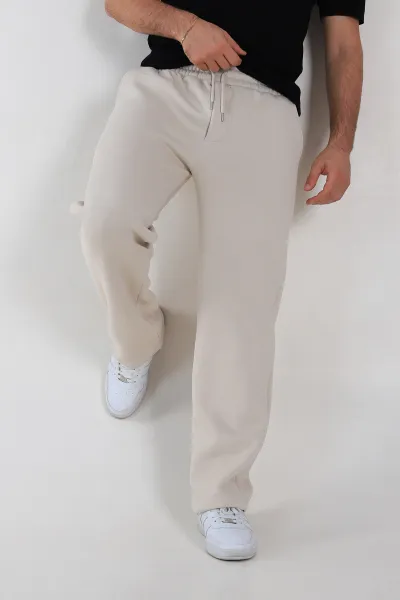 Krem Baggy Üç İp Şardonlu Belden Bağlamalı Erkek Eşofman Altı 324633