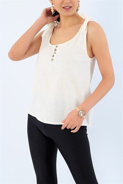 Krem Bağlamalı Keten Bluz 33831