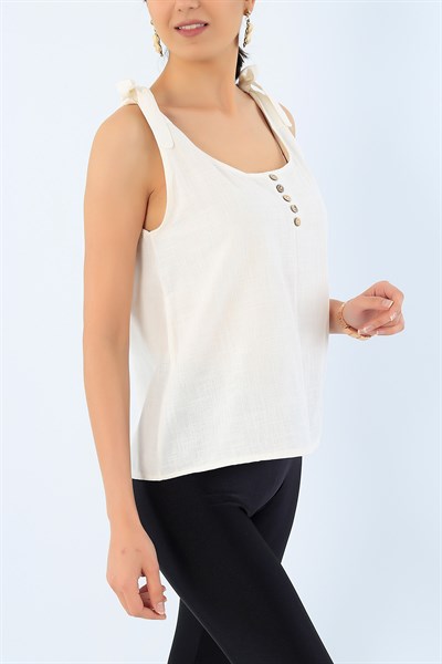Krem Bağlamalı Keten Bluz 33831