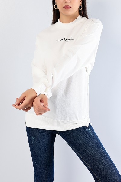 Krem Baskılı Ribana Yaka Bayan Sweat 81196