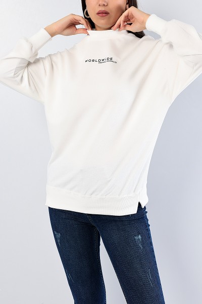 Krem Baskılı Ribana Yaka Bayan Sweat 81196