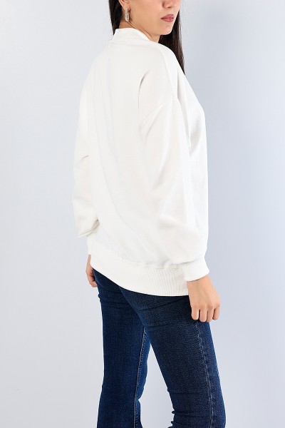 Krem Baskılı Ribana Yaka Bayan Sweat 81196
