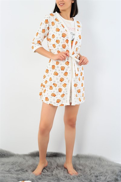 Krem Baskılı Üçlü Sabahlık Pijama Takımı 29129B