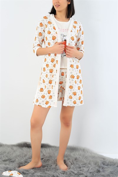 Krem Baskılı Üçlü Sabahlık Pijama Takımı 29129B