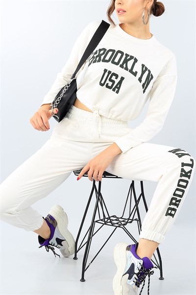 Krem Bayan Üst Crop Baskılı 39484