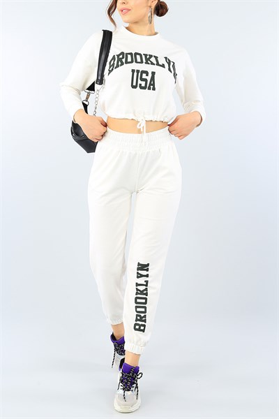 Krem Bayan Üst Crop Baskılı 39484