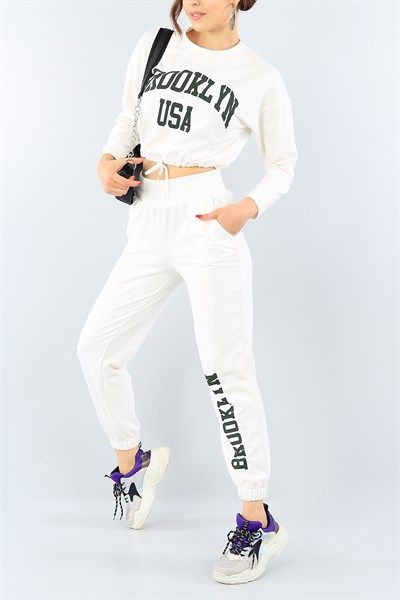 Krem Bayan Üst Crop Baskılı 39484