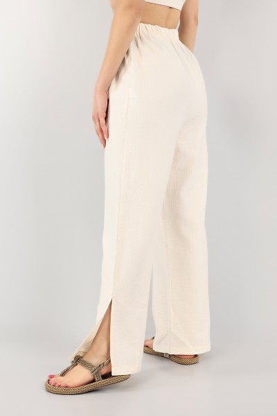 Krem Beli Lastikli Bol Paça Bayan Keten Pantolon 104560