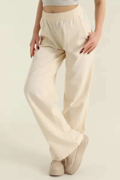 Krem Beli Lastikli Kadın Gabardin Pantolon 422487