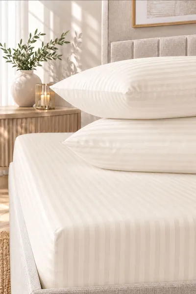 Krem Bella Home 160x200 Cm Çift Kişilik Çizgili Saten Çarşaf Seti 483023