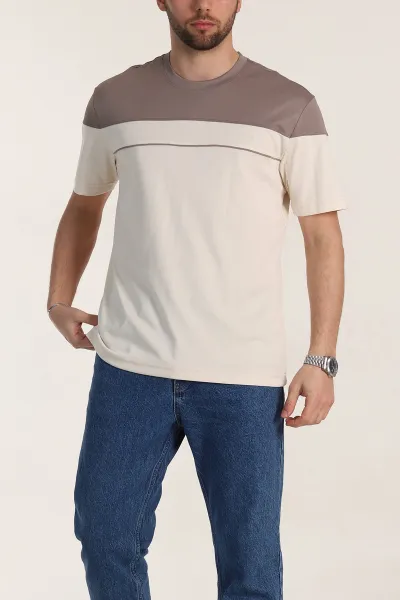 Krem Beyaz Çift Renk Regular Fit Jakarlı Erkek Tişört 346244