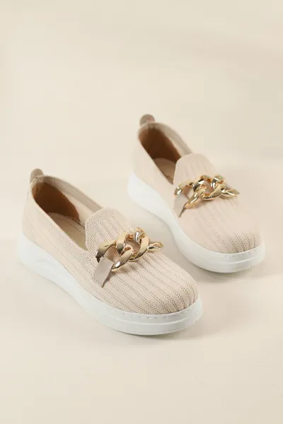 Krem Beyaz Triko Gold Tokalı Loafer Ayakkabı 262231