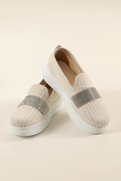Krem Beyaz Triko Taş Tasarım Loafer Ayakkabı 262224