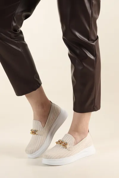 Krem Beyaz Triko Taş Tokalı Loafer Ayakkabı 271350