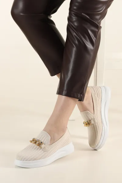 Krem Beyaz Triko Taş Tokalı Loafer Ayakkabı 271350