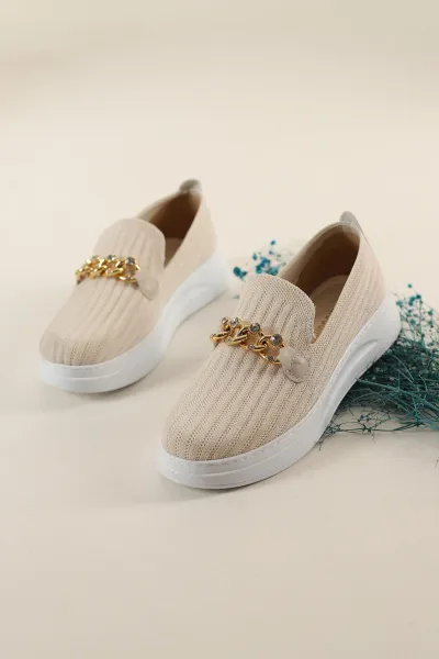 Krem Beyaz Triko Taş Tokalı Loafer Ayakkabı 271350