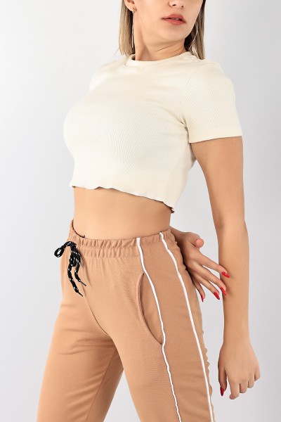 Krem Bisiklet Yaka Fitilli Crop 97032