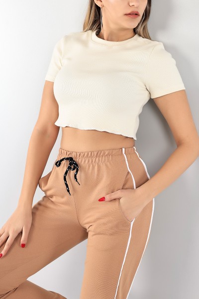 Krem Bisiklet Yaka Fitilli Crop 97032