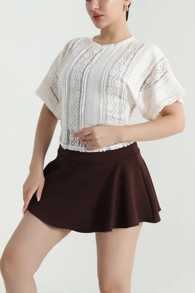Krem Bisiklet Yaka Dantel Kadın Bluz 468642